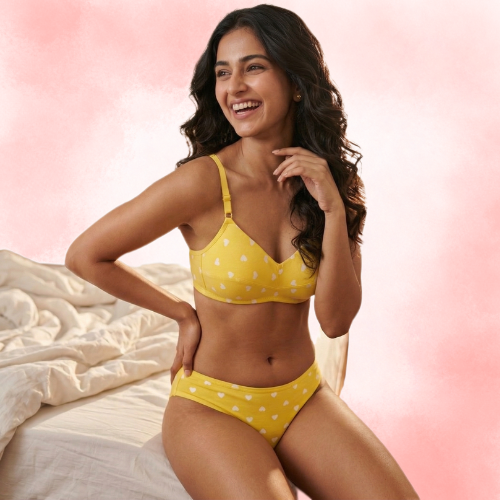 Cotton-Rich Full Coverage Printed Lingerie Set For Women