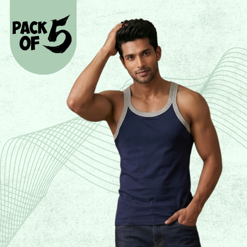 Cotton-Rich Round Neck Plain Sleeveless Vest For Men (Pack Of 5)