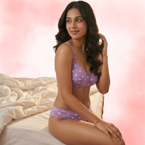 Cotton-Rich Full Coverage Printed Lingerie Set For Women