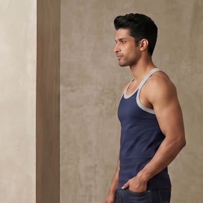 Cotton-Rich Round Neck Plain Sleeveless Vest For Men