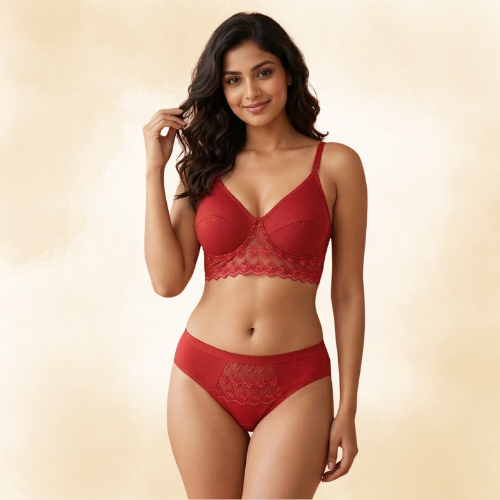 Cotton-Rich Full Coverage Lace Lingerie Set For Women