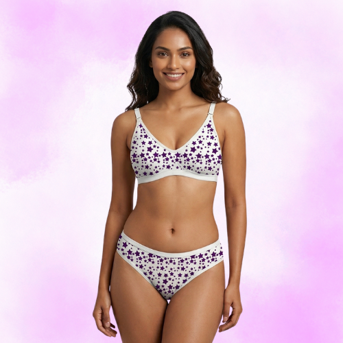 Cotton-Rich Full Coverage Printed Lingerie Set For Women