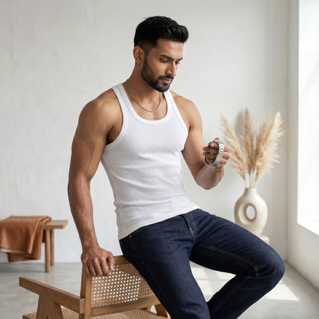 Cotton-Rich Round Neck White Sleeveless Vest For Men