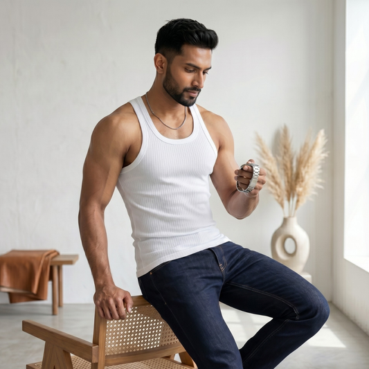 Cotton-Rich Round Neck White Sleeveless Vest For Men