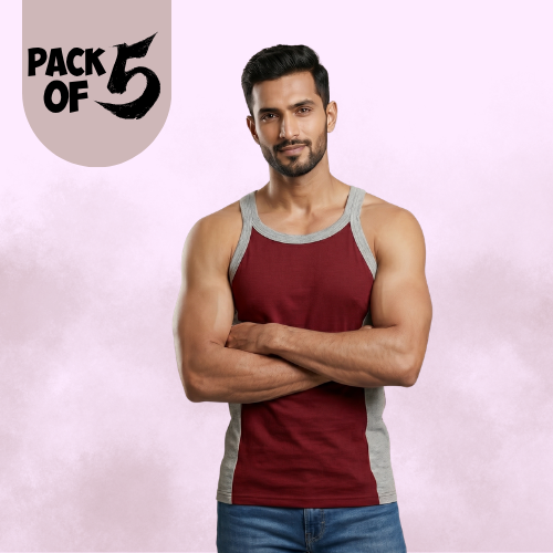 Cotton-Rich Round Neck Design Sleeveless Vest For Men (Pack Of 5)