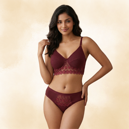 Cotton-Rich Full Coverage Lace Lingerie Set For Women