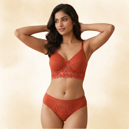 Cotton-Rich Full Coverage Lace Lingerie Set For Women