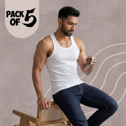 Cotton-Rich Round Neck White Sleeveless Vest For Men (Pack Of 5)