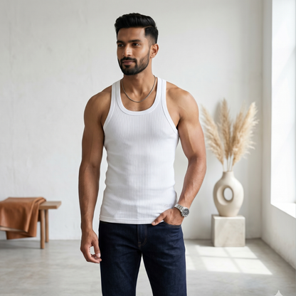 Cotton-Rich Round Neck White Sleeveless Vest For Men