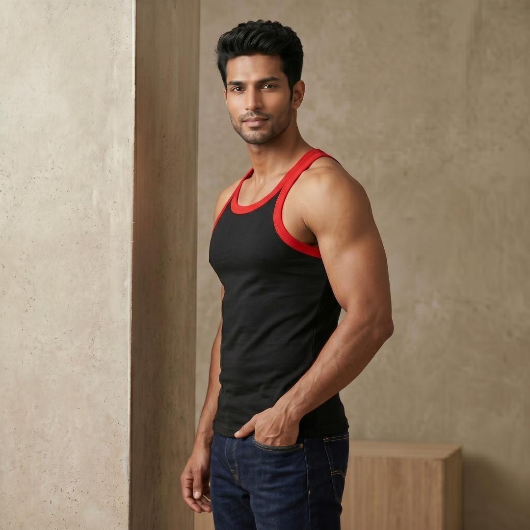 Cotton-Rich Round Neck Plain Sleeveless Vest For Men