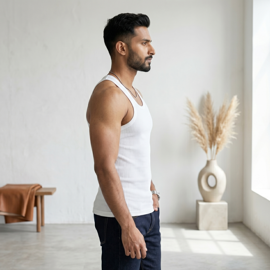 Cotton-Rich Round Neck White Sleeveless Vest For Men