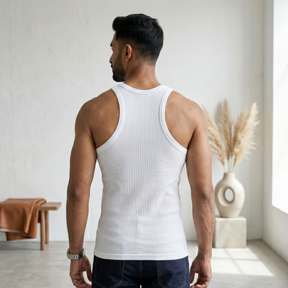 Cotton-Rich Round Neck White Sleeveless Vest For Men
