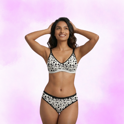 Cotton-Rich Full Coverage Printed Lingerie Set For Women